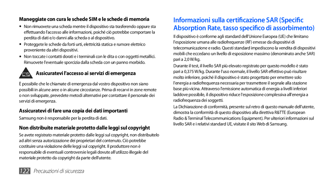 Samsung GT-I5510XKAVOM Assicuratevi laccesso ai servizi di emergenza, Assicuratevi di fare una copia dei dati importanti 