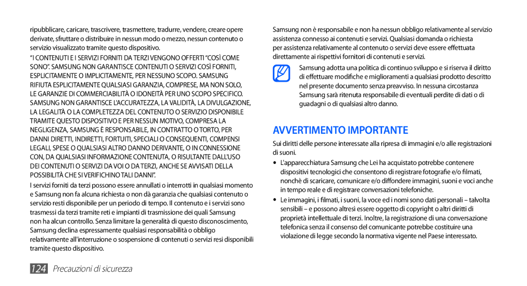 Samsung GT-I5510XKAOMN, GT-I5510XKAWIN, GT-I5510XKAVOM manual Avvertimento Importante 