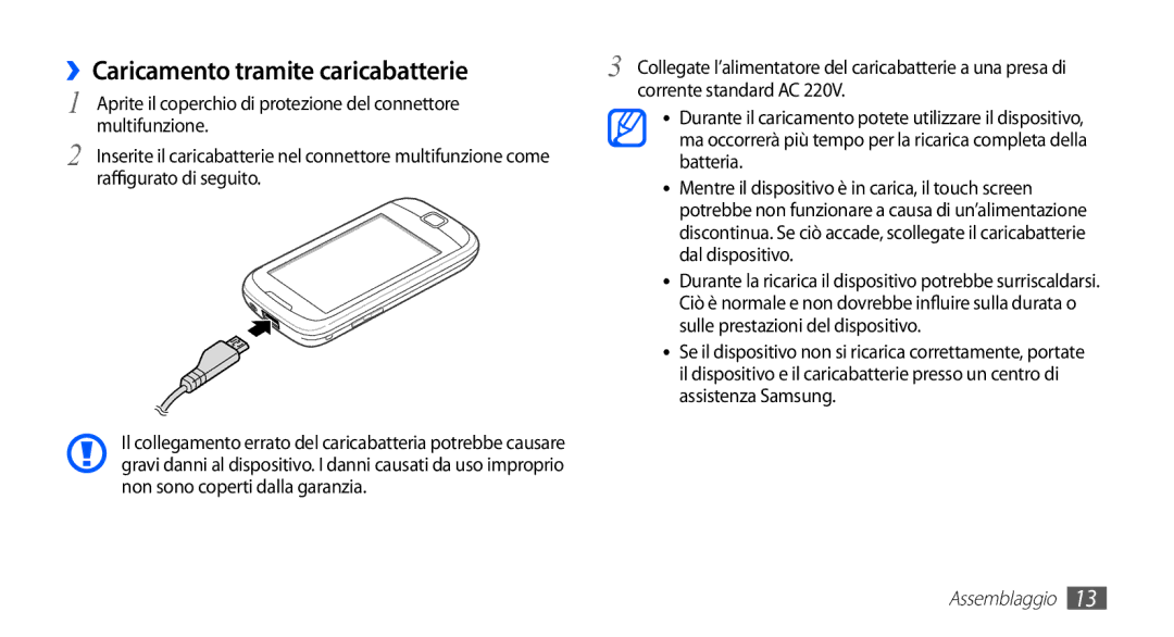 Samsung GT-I5510XKAOMN, GT-I5510XKAWIN, GT-I5510XKAVOM manual ››Caricamento tramite caricabatterie 