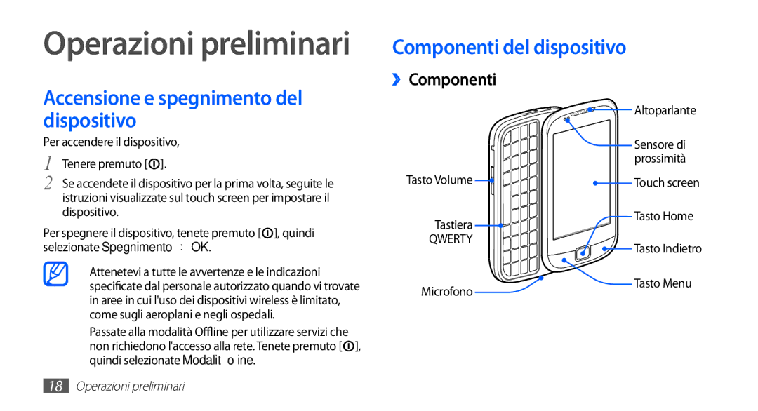 Samsung GT-I5510XKAWIN, GT-I5510XKAOMN Accensione e spegnimento del Componenti del dispositivo, Dispositivo, ››Componenti 