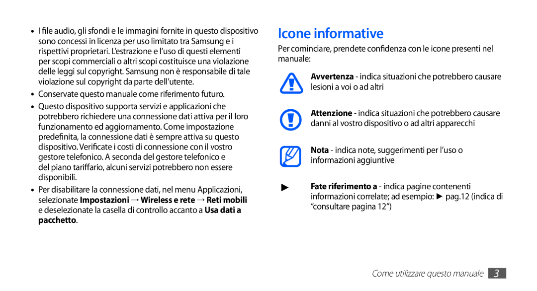 Samsung GT-I5510XKAWIN, GT-I5510XKAOMN, GT-I5510XKAVOM Icone informative, Conservate questo manuale come riferimento futuro 