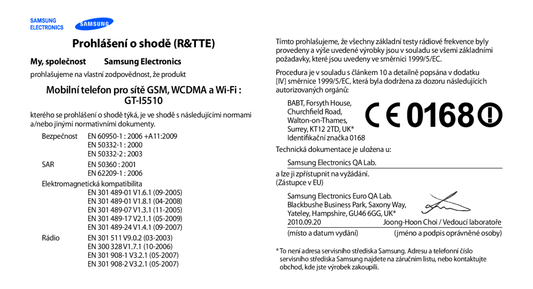 Samsung GT-I5510XKAXEZ, GT-I5510XKAIRD, GT-I5510XKAVDC manual Prohlášení o shodě R&TTE, My, společnost 