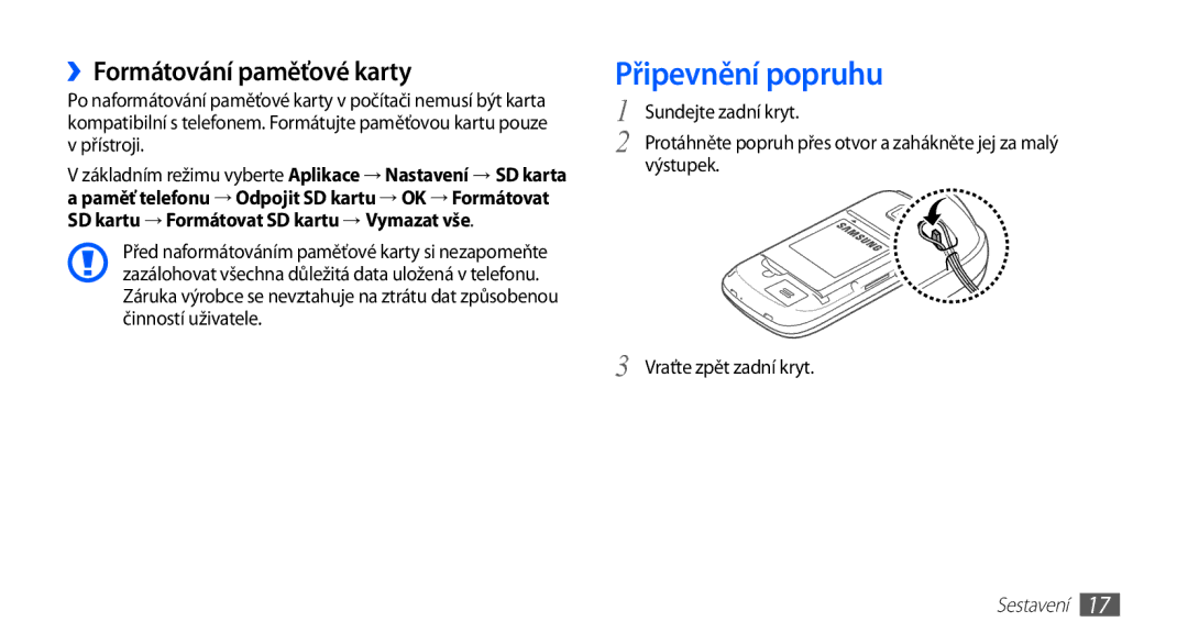 Samsung GT-I5510XKAVDC, GT-I5510XKAXEZ Připevnění popruhu, ››Formátování paměťové karty, Výstupek Vraťte zpět zadní kryt 