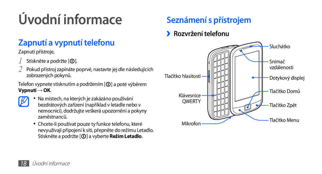 Samsung GT-I5510XKAXEZ manual Úvodní informace, Zapnutí a vypnutí telefonu, Seznámení s přístrojem ››Rozvržení telefonu 