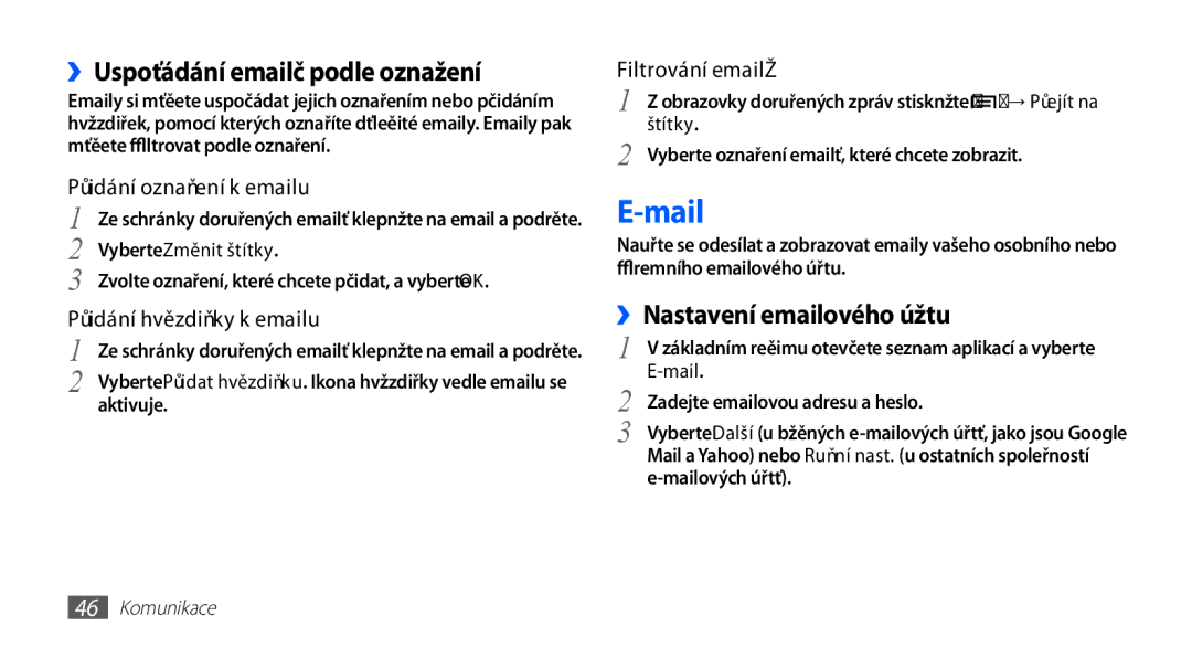 Samsung GT-I5510XKAIRD, GT-I5510XKAXEZ manual Mail, ››Uspořádání emailů podle označení, ››Nastavení emailového účtu 