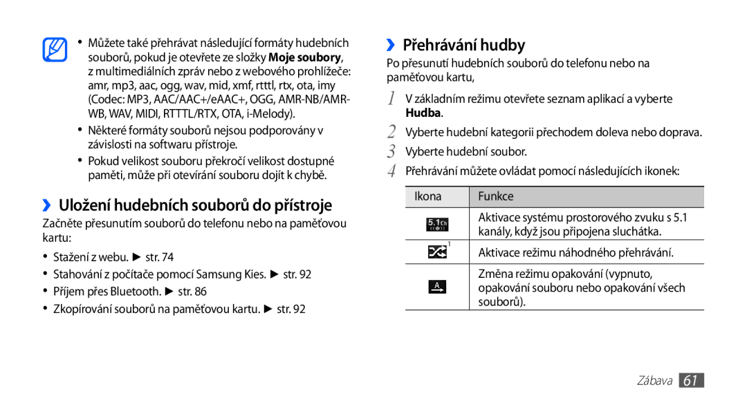 Samsung GT-I5510XKAIRD, GT-I5510XKAXEZ, GT-I5510XKAVDC manual ››Uložení hudebních souborů do přístroje, ››Přehrávání hudby 