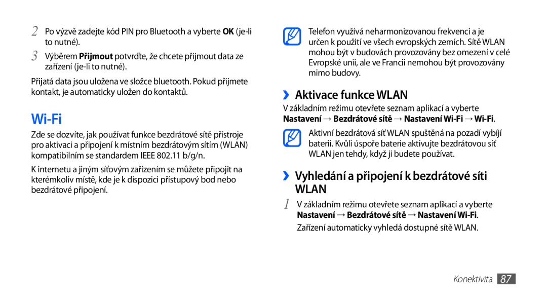 Samsung GT-I5510XKAXEZ, GT-I5510XKAIRD manual Wi-Fi, ››Aktivace funkce Wlan, ››Vyhledání a připojení k bezdrátové síti 