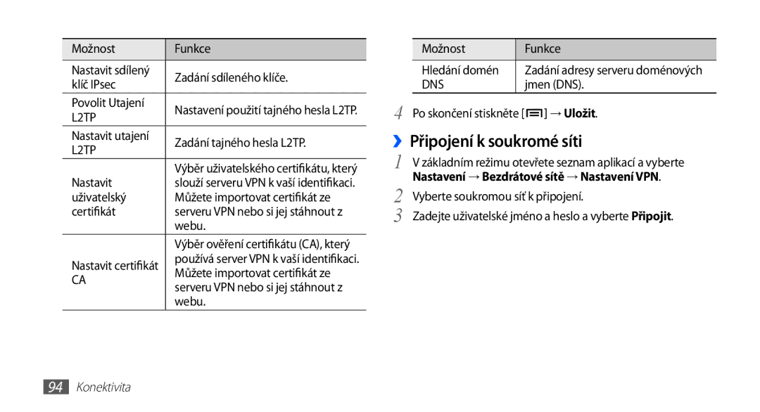 Samsung GT-I5510XKAIRD, GT-I5510XKAXEZ ››Připojení k soukromé síti, → Uložit, Nastavení → Bezdrátové sítě → Nastavení VPN 