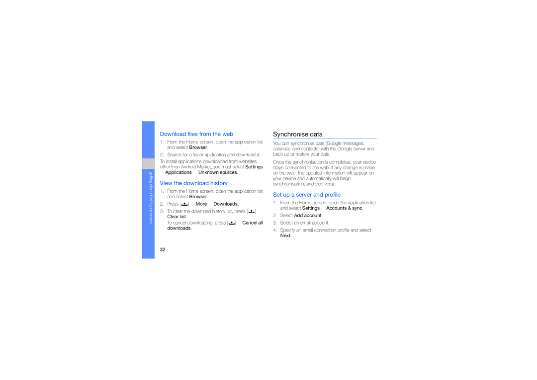Samsung GT-I5700 Synchronise data, Download files from the web, View the download history, Set up a server and profile 