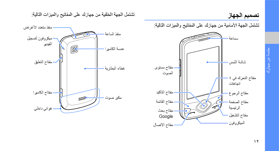 Samsung GT-I5700HKAPAK, GT-I5700HKAKSA manual زاهجلا ميمصت, ةيلاتلا تازيملاو حيتافملا ىلع كزاهج نم ةيفلخلا ةهجلا لمتشت 