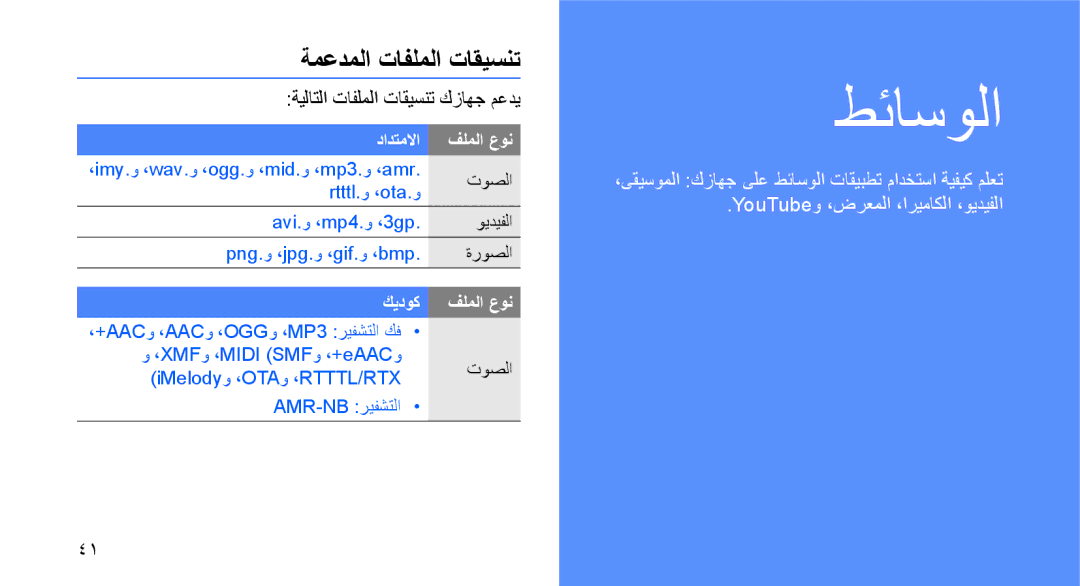 Samsung GT-I5700UWAMID, GT-I5700HKAKSA, GT-I5700HKATMC manual ةمعدملا تافلملا تاقيسنت, ةيلاتلا تافلملا تاقيسنت كزاهج معدي 