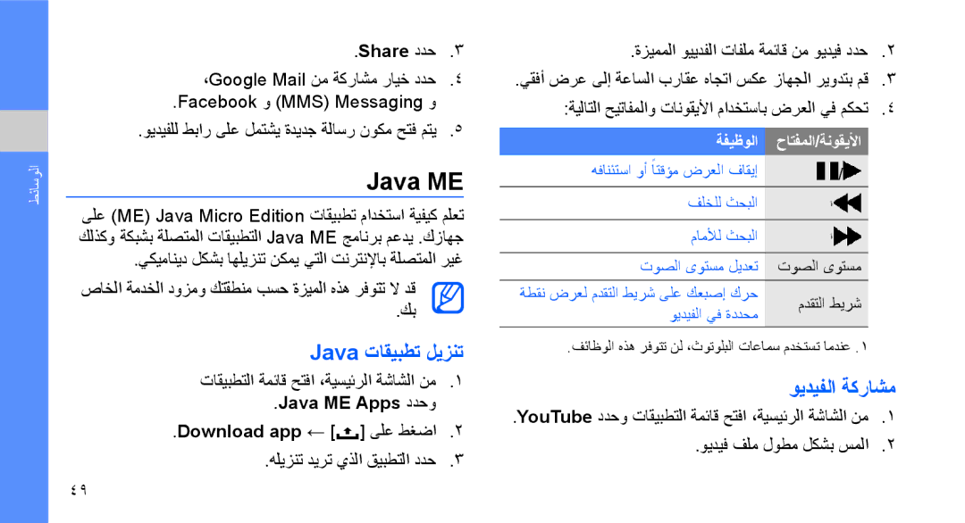 Samsung GT-I5700HKAEGY manual Java ME, Java تاقيبطت ليزنت, ويديفلا ةكراشم, تاقيبطتلا ةمئاق حتفا ،ةيسيئرلا ةشاشلا نم 