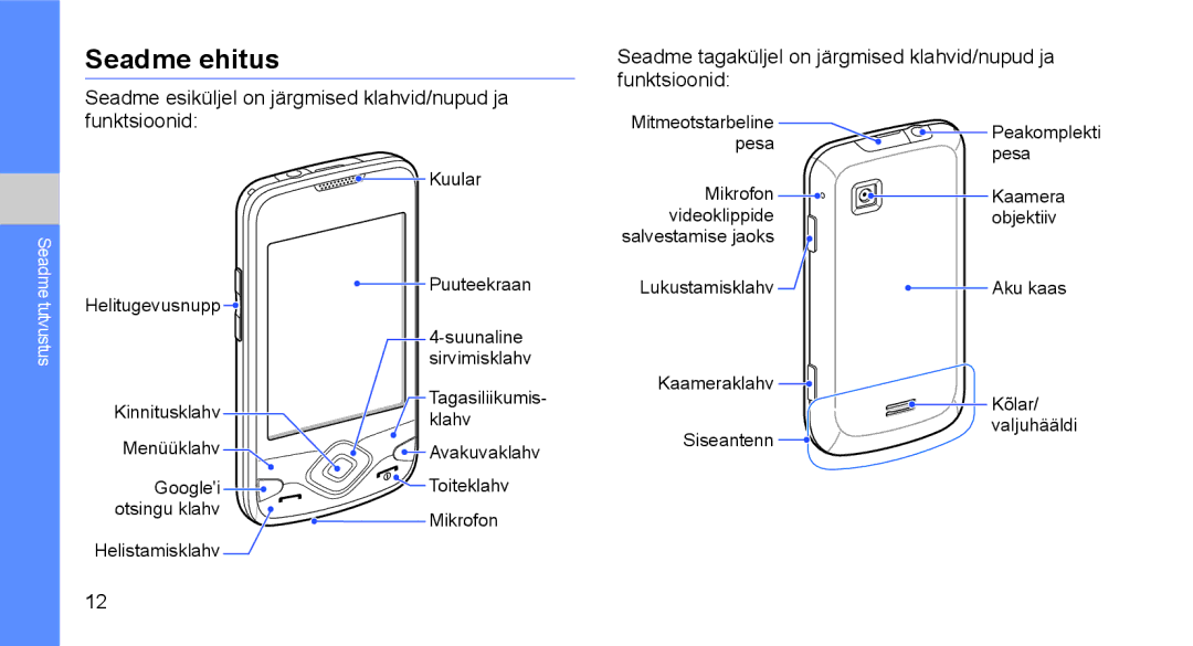 Samsung GT-I5700HKASEB, GT-I5700UWASEB manual Seadme ehitus, Seadme esiküljel on järgmised klahvid/nupud ja funktsioonid 