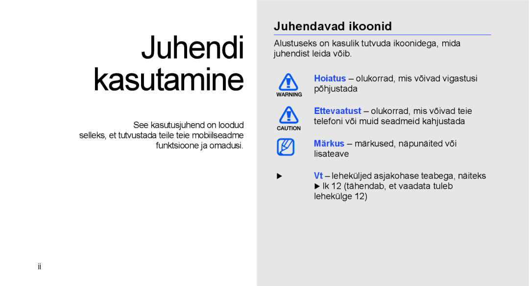 Samsung GT-I5700HKASEB, GT-I5700UWASEB manual Juhendi kasutamine, Juhendavad ikoonid 