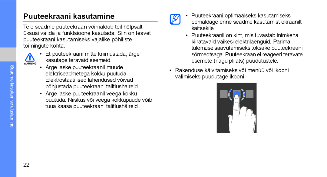 Samsung GT-I5700HKASEB, GT-I5700UWASEB manual Puuteekraani kasutamine 