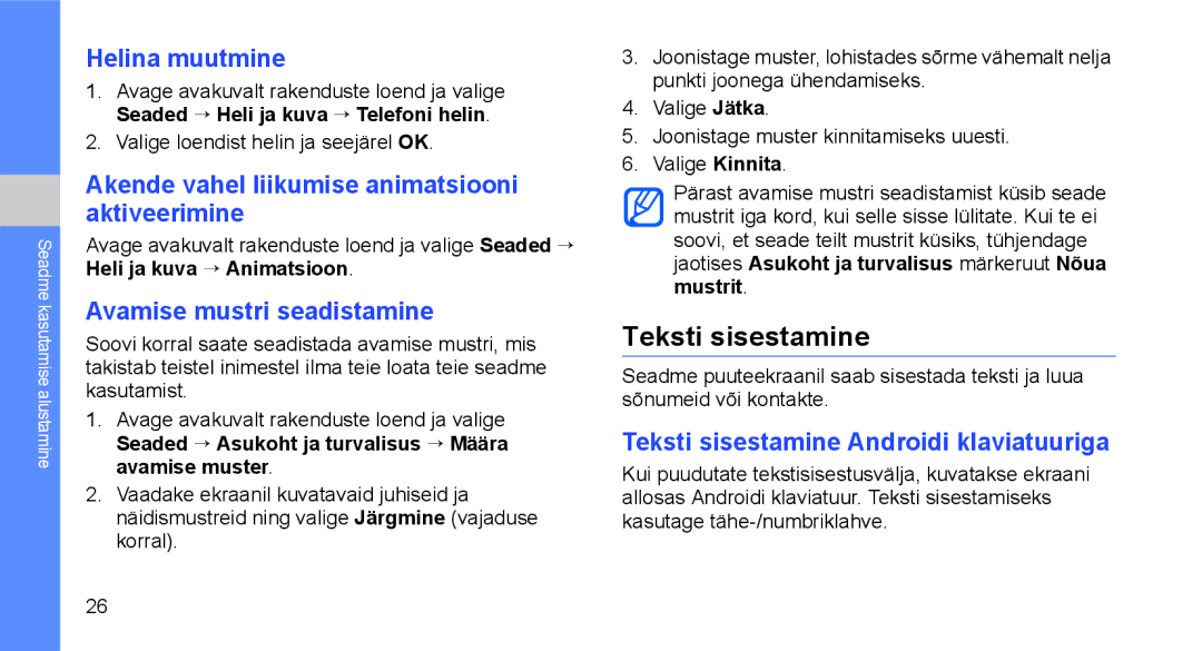 Samsung GT-I5700HKASEB manual Teksti sisestamine, Helina muutmine, Akende vahel liikumise animatsiooni aktiveerimine 