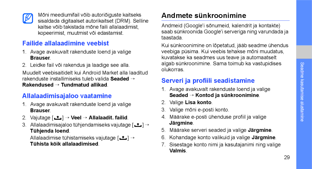 Samsung GT-I5700UWASEB, GT-I5700HKASEB Andmete sünkroonimine, Failide allalaadimine veebist, Allalaadimisajaloo vaatamine 