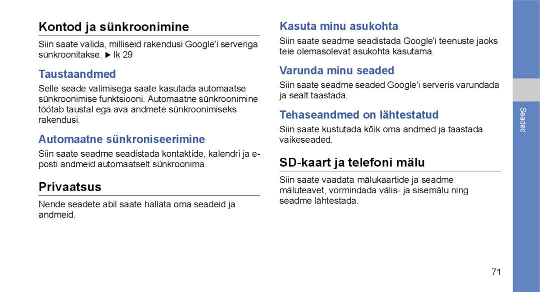 Samsung GT-I5700UWASEB, GT-I5700HKASEB manual Kontod ja sünkroonimine, Privaatsus, SD-kaart ja telefoni mälu 