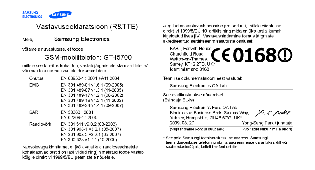 Samsung GT-I5700UWASEB, GT-I5700HKASEB manual Vastavusdeklaratsioon R&TTE 