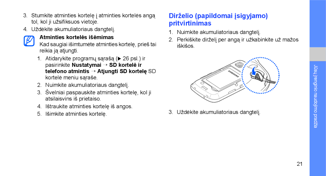 Samsung GT-I5700UWASEB, GT-I5700HKASEB manual Dirželio papildomai įsigyjamo pritvirtinimas, Atminties kortelės išėmimas 