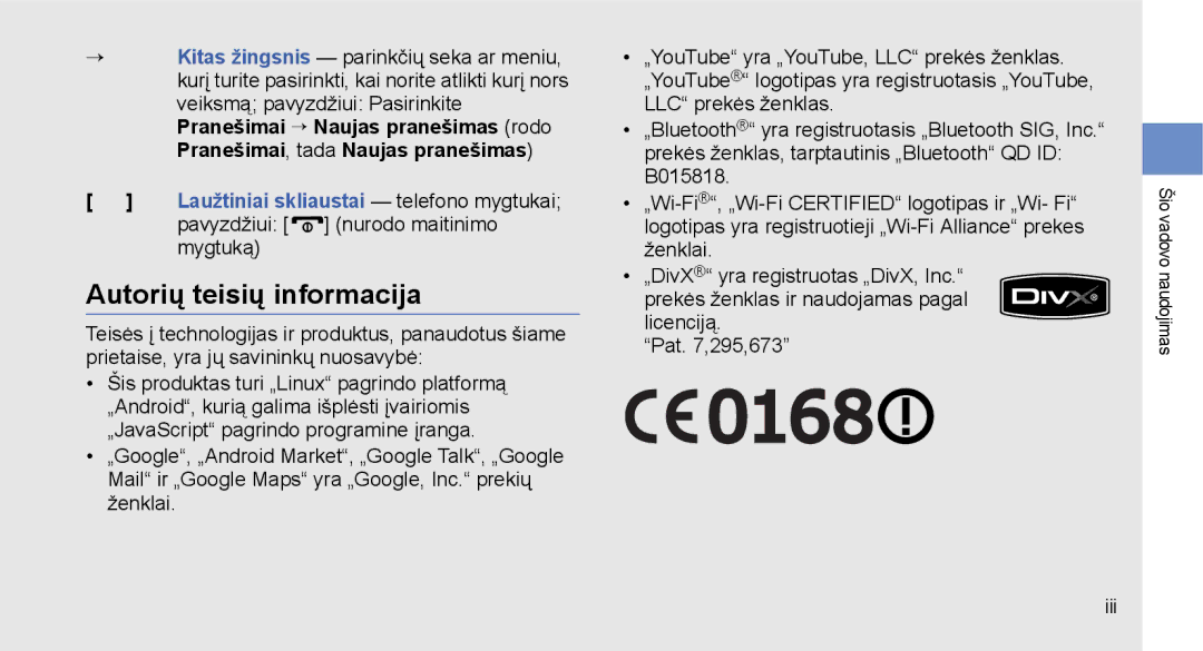 Samsung GT-I5700UWASEB, GT-I5700HKASEB manual Autorių teisių informacija 