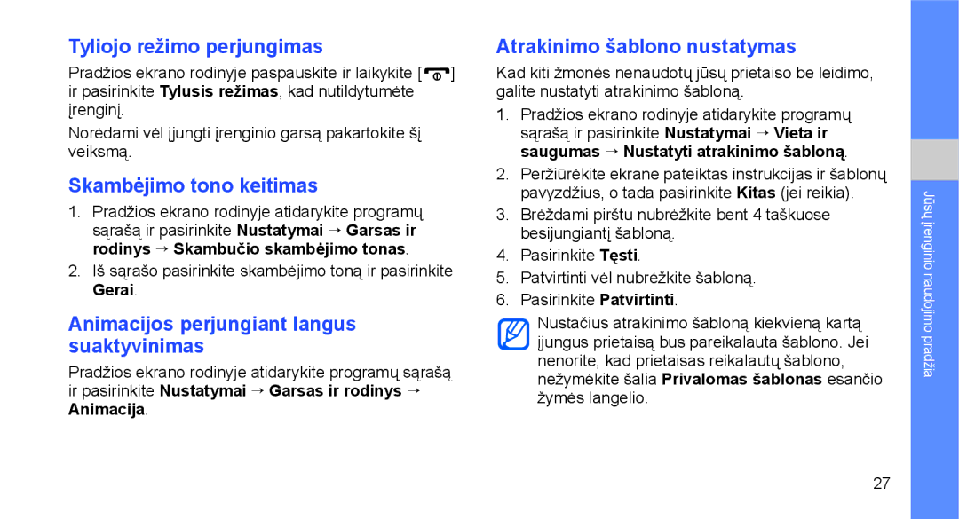 Samsung GT-I5700UWASEB Tyliojo režimo perjungimas, Skambėjimo tono keitimas, Animacijos perjungiant langus suaktyvinimas 