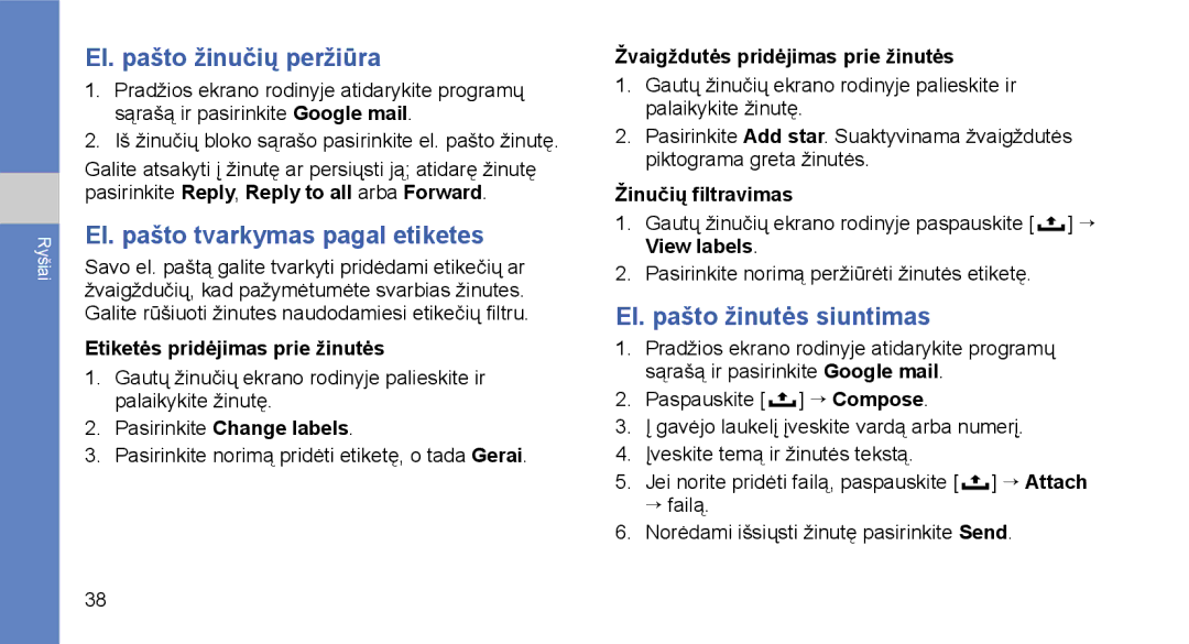 Samsung GT-I5700HKASEB manual El. pašto žinučių peržiūra, El. pašto tvarkymas pagal etiketes, El. pašto žinutės siuntimas 