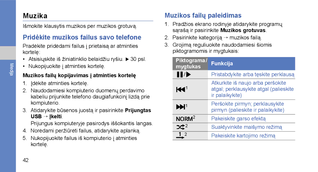 Samsung GT-I5700HKASEB, GT-I5700UWASEB manual Muzika, Pridėkite muzikos failus savo telefone, Muzikos failų paleidimas 