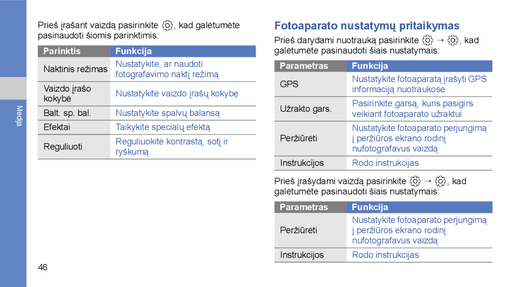 Samsung GT-I5700HKASEB, GT-I5700UWASEB manual Fotoaparato nustatymų pritaikymas, Parametras Funkcija 