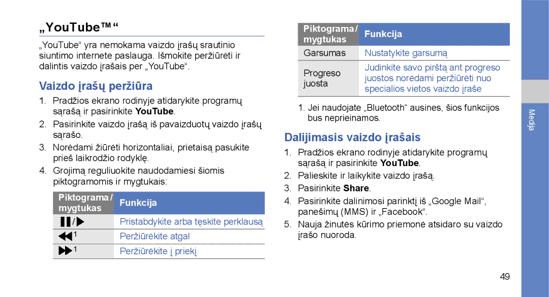 Samsung GT-I5700UWASEB, GT-I5700HKASEB manual „YouTube, Vaizdo įrašų peržiūra, Dalijimasis vaizdo įrašais 