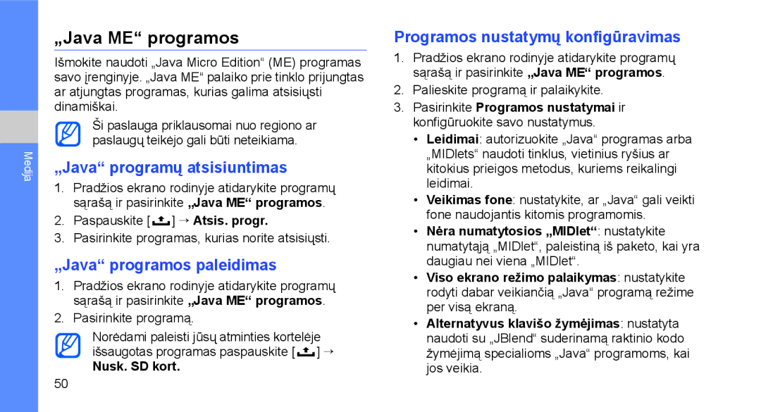 Samsung GT-I5700HKASEB manual „Java ME programos, „Java programų atsisiuntimas, „Java programos paleidimas, Nusk. SD kort 