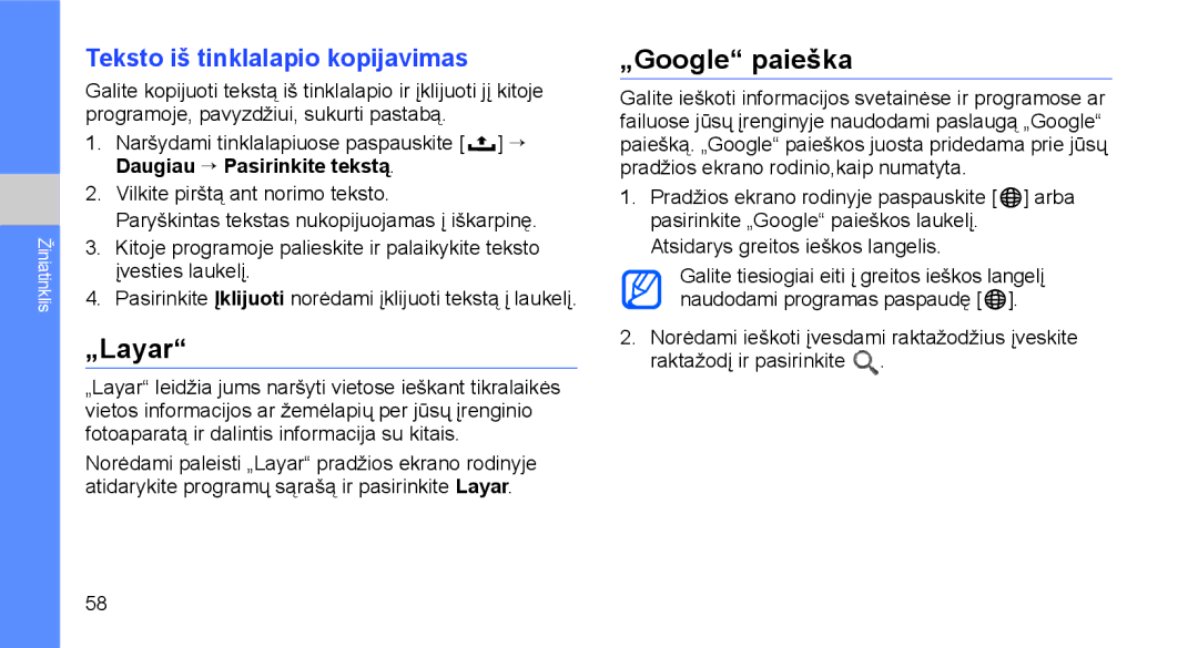 Samsung GT-I5700HKASEB, GT-I5700UWASEB manual „Layar, „Google paieška, Teksto iš tinklalapio kopijavimas 