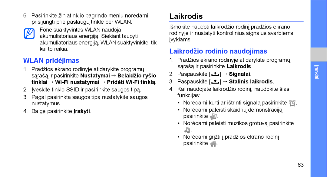 Samsung GT-I5700UWASEB, GT-I5700HKASEB manual Laikrodis, Wlan pridėjimas, Laikrodžio rodinio naudojimas 