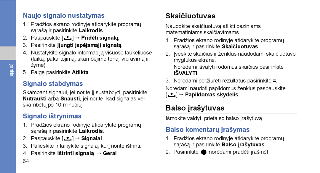 Samsung GT-I5700HKASEB, GT-I5700UWASEB manual Skaičiuotuvas, Balso įrašytuvas 