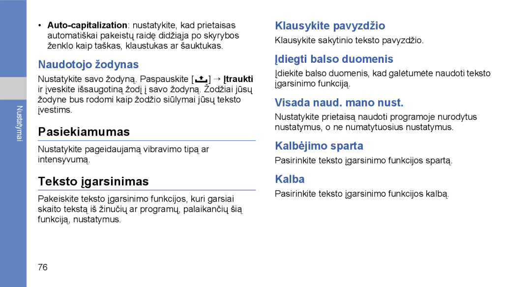 Samsung GT-I5700HKASEB, GT-I5700UWASEB manual Pasiekiamumas, Teksto įgarsinimas 