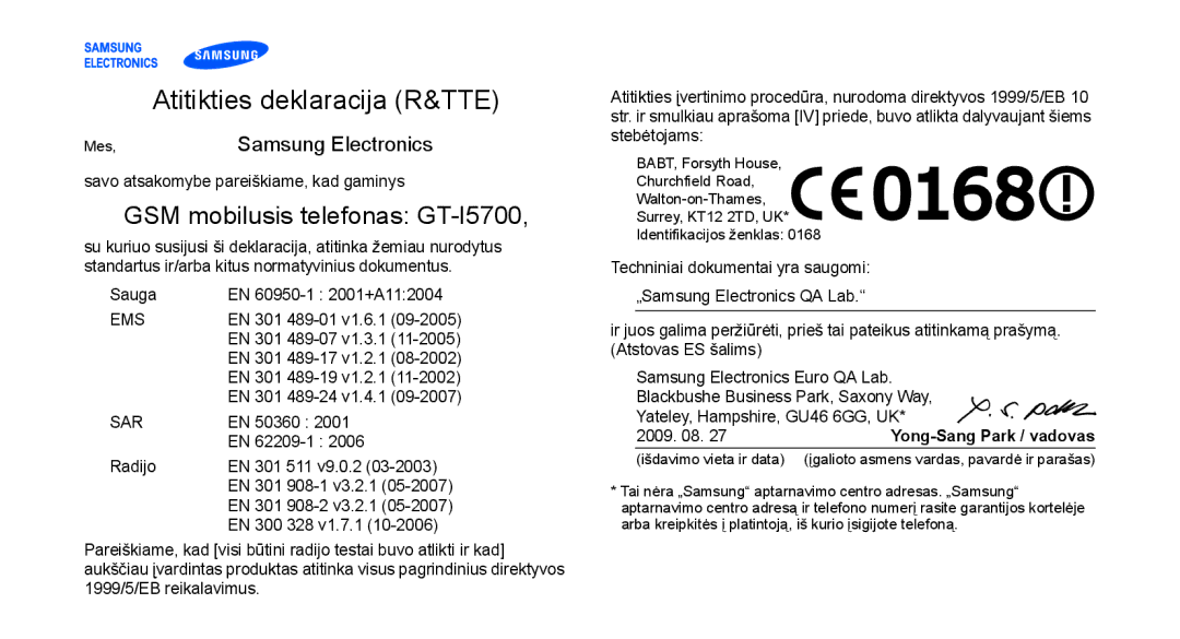 Samsung GT-I5700HKASEB, GT-I5700UWASEB manual Atitikties deklaracija R&TTE 