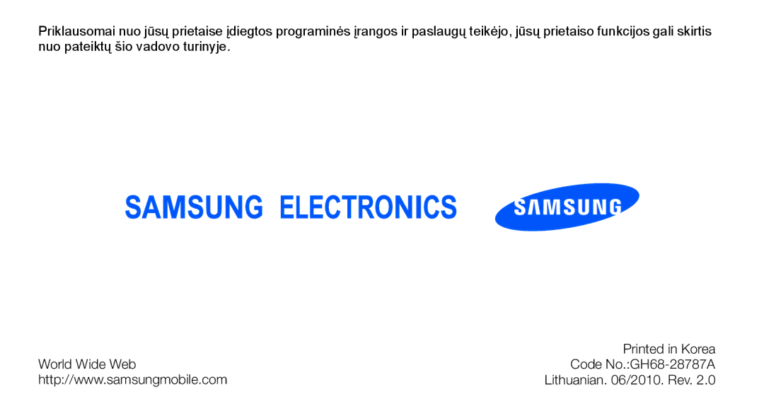 Samsung GT-I5700UWASEB, GT-I5700HKASEB manual Lithuanian /2010. Rev 