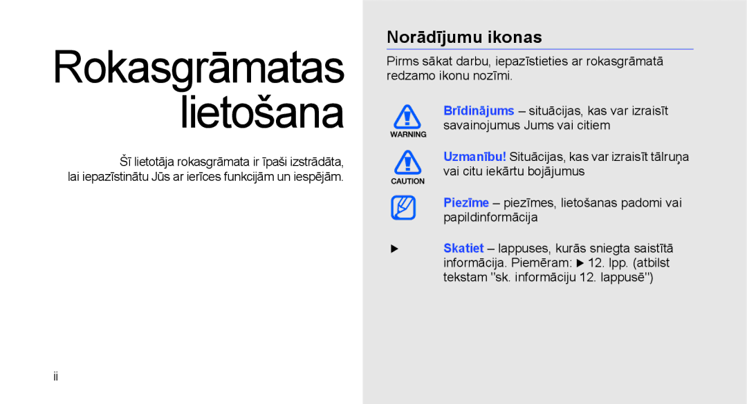 Samsung GT-I5700HKASEB, GT-I5700UWASEB manual Rokasgrāmatas lietošana, Norādījumu ikonas 