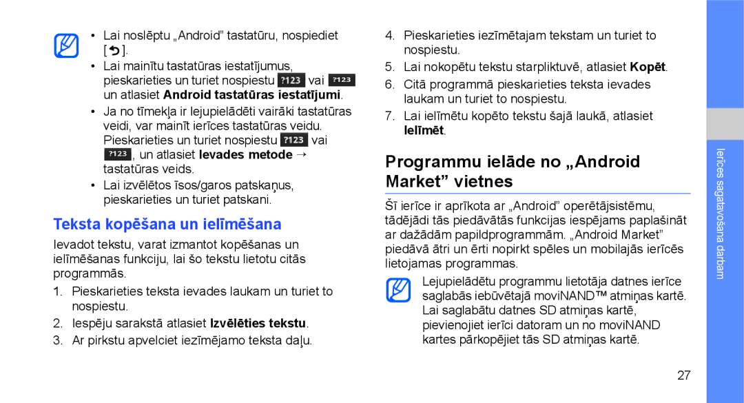 Samsung GT-I5700UWASEB manual Programmu ielāde no „Android Market vietnes, Teksta kopēšana un ielīmēšana, Tastatūras veids 