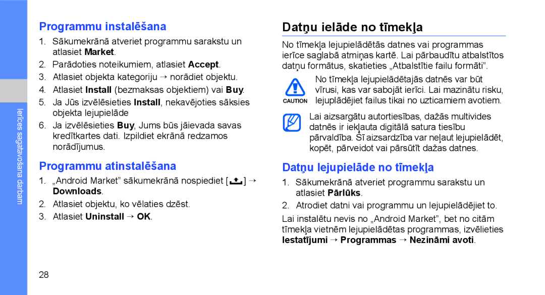 Samsung GT-I5700HKASEB, GT-I5700UWASEB manual Datņu ielāde no tīmekļa, Programmu instalēšana, Programmu atinstalēšana 