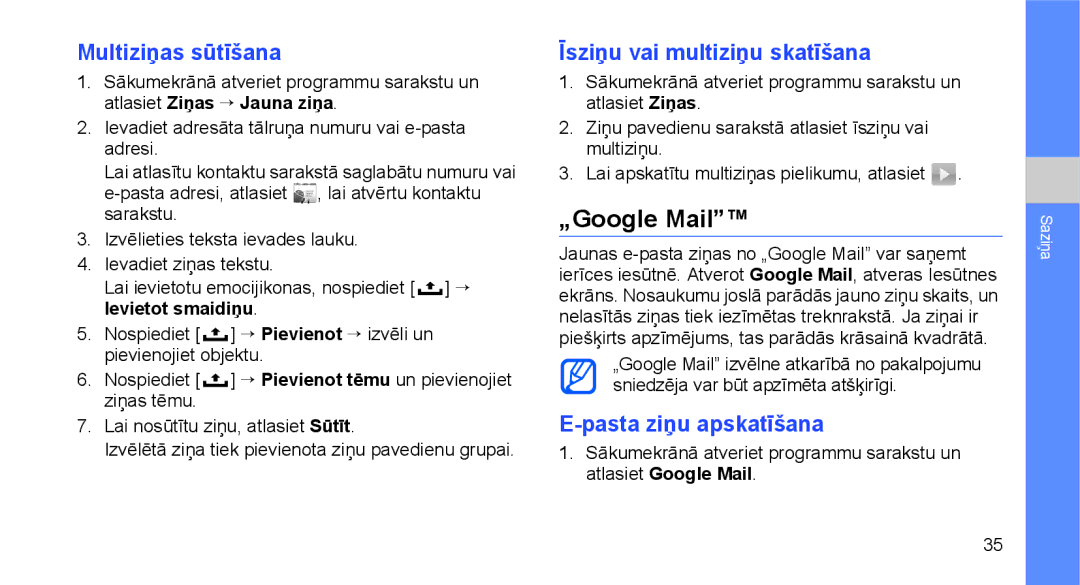 Samsung GT-I5700UWASEB manual „Google Mail, Multiziņas sūtīšana, Īsziņu vai multiziņu skatīšana, Pasta ziņu apskatīšana 