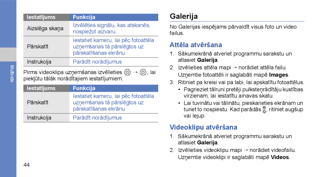 Samsung GT-I5700HKASEB, GT-I5700UWASEB manual Galerija, Attēla atvēršana, Videoklipu atvēršana 