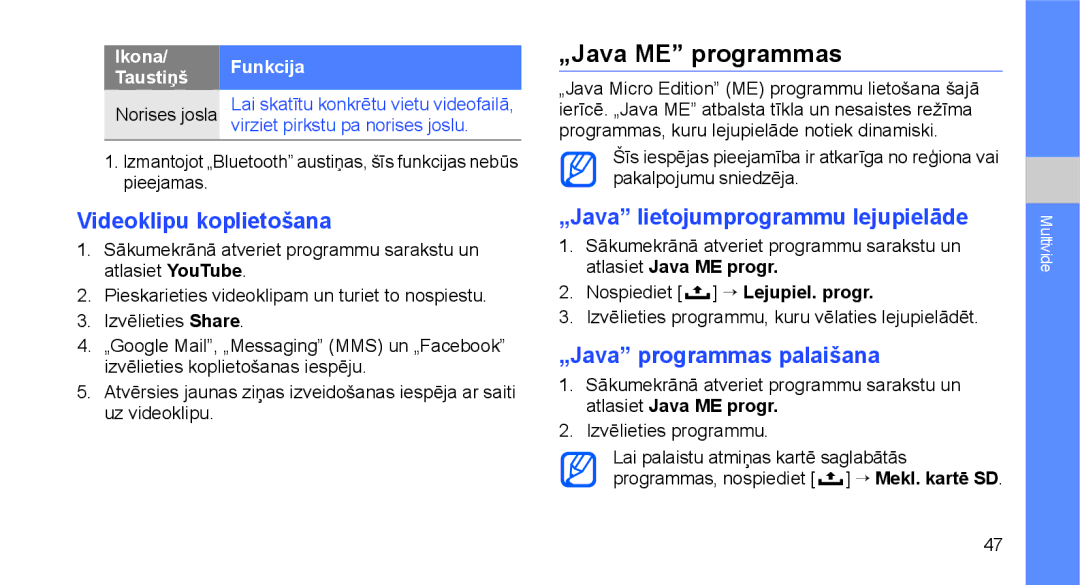 Samsung GT-I5700UWASEB „Java ME programmas, Videoklipu koplietošana, „Java lietojumprogrammu lejupielāde, Norises josla 