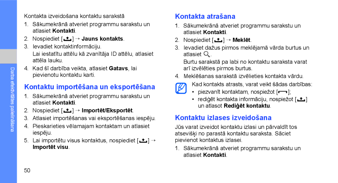 Samsung GT-I5700HKASEB manual Kontaktu importēšana un eksportēšana, Kontakta atrašana, Kontaktu izlases izveidošana 