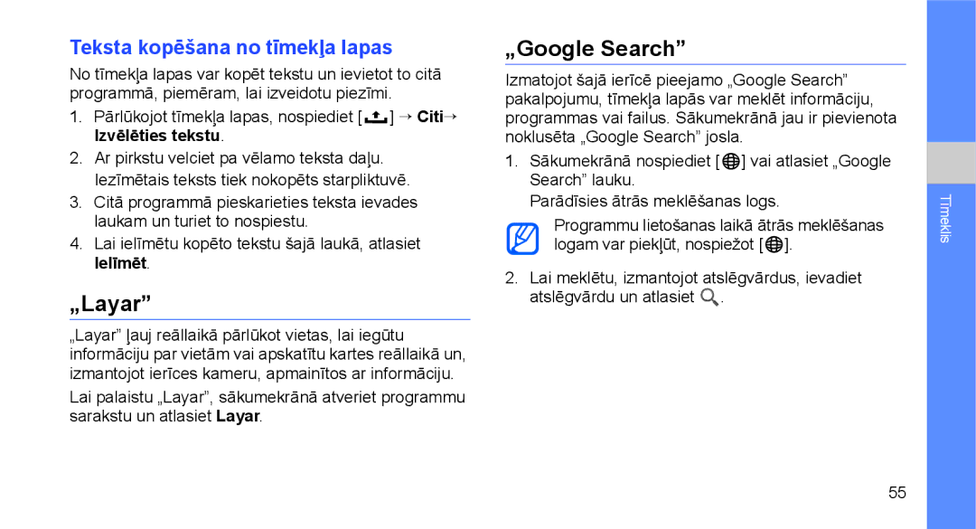Samsung GT-I5700UWASEB, GT-I5700HKASEB manual „Layar, „Google Search, Teksta kopēšana no tīmekļa lapas 