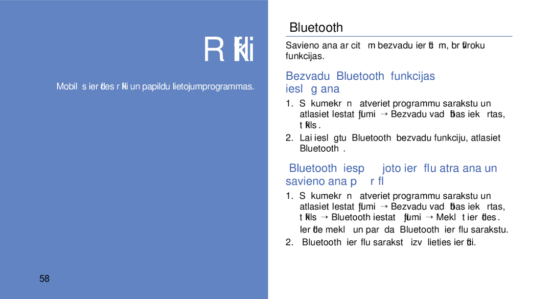 Samsung GT-I5700HKASEB manual Bezvadu „Bluetooth funkcijas ieslēgšana, „Bluetooth ierīču sarakstā izvēlieties ierīci 