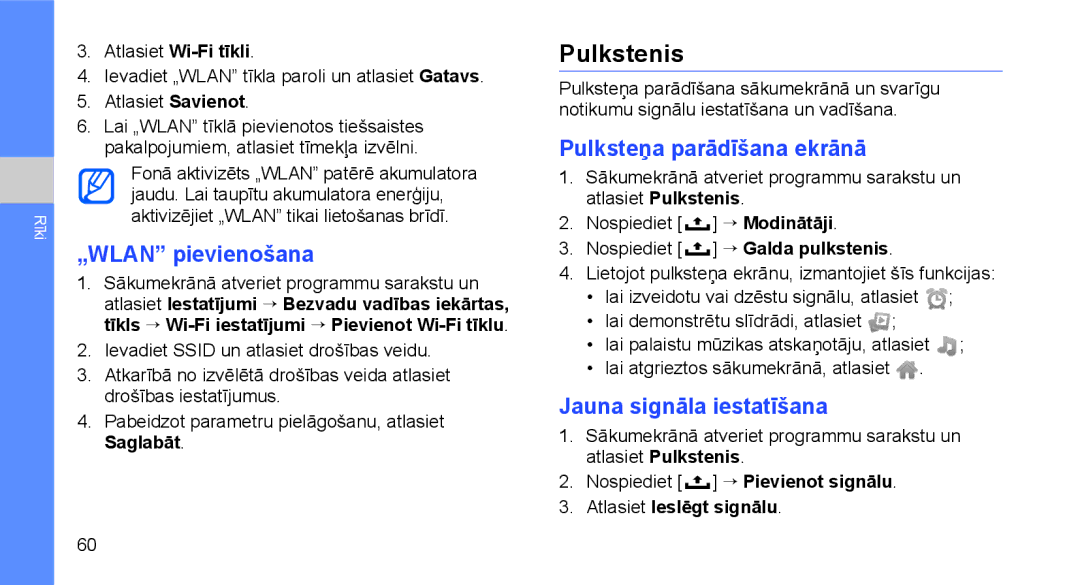 Samsung GT-I5700HKASEB manual Pulkstenis, „WLAN pievienošana, Pulksteņa parādīšana ekrānā, Jauna signāla iestatīšana 