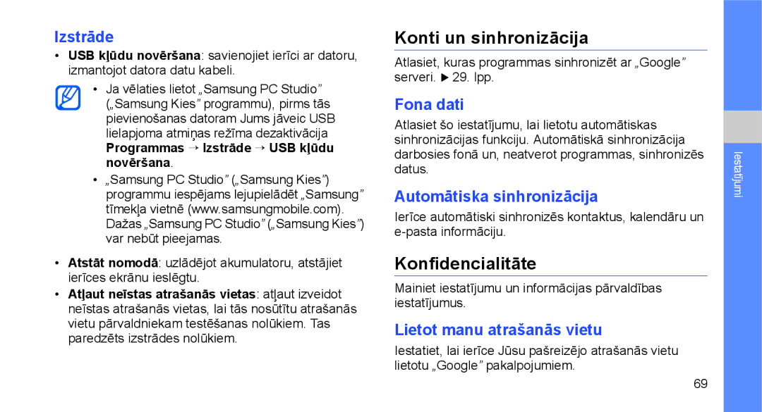 Samsung GT-I5700UWASEB, GT-I5700HKASEB manual Konti un sinhronizācija, Konfidencialitāte 