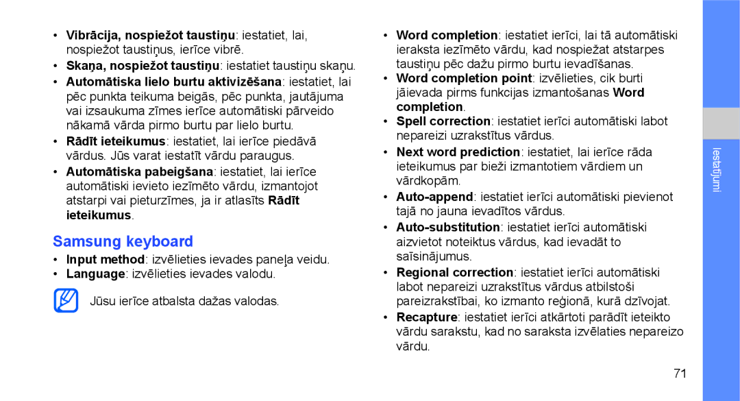 Samsung GT-I5700UWASEB, GT-I5700HKASEB manual Samsung keyboard, Skaņa, nospiežot taustiņu iestatiet taustiņu skaņu 