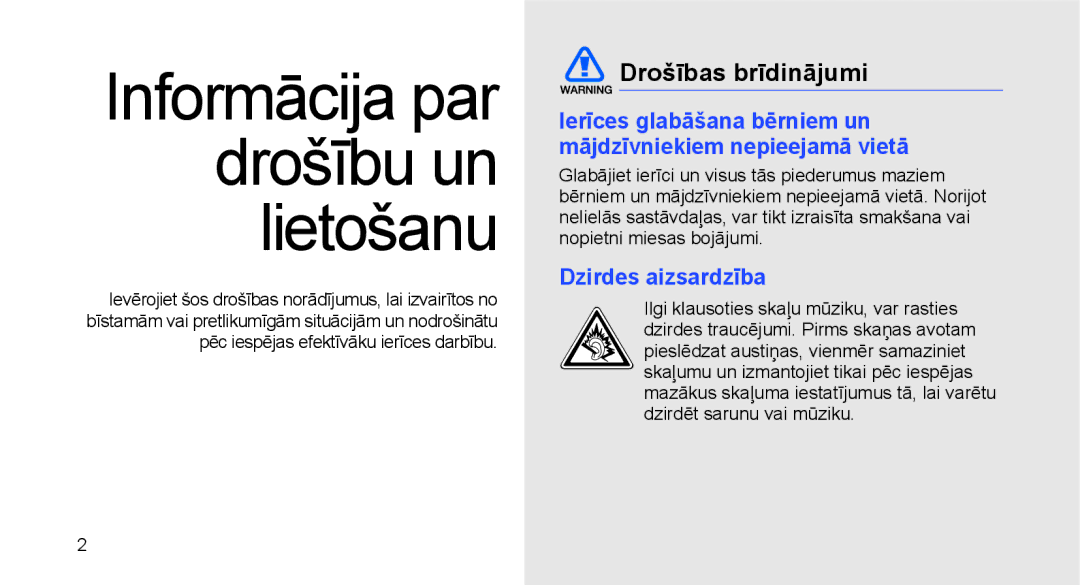 Samsung GT-I5700HKASEB, GT-I5700UWASEB manual Drošības brīdinājumi, Dzirdes aizsardzība 